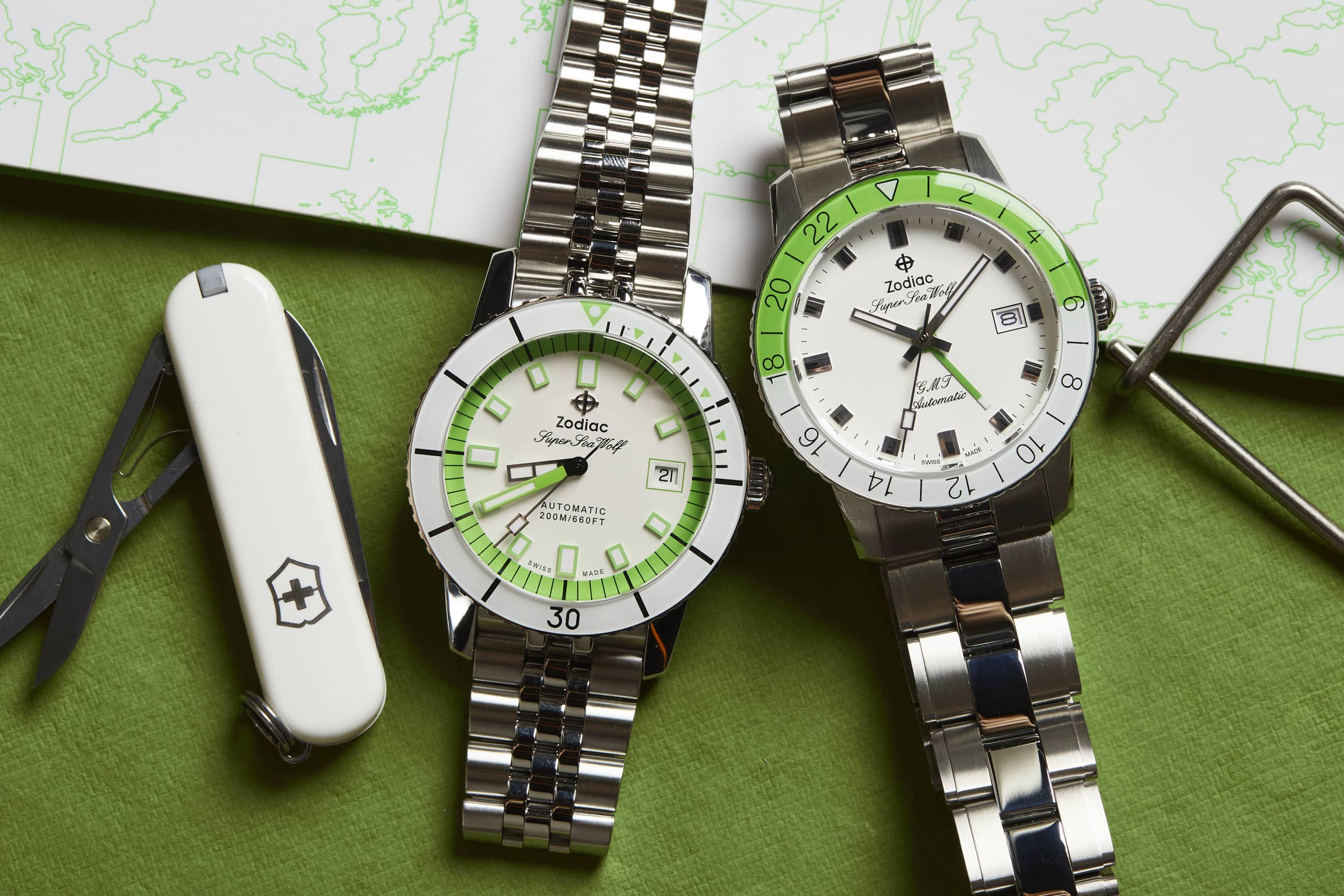 Zodiac Super Sea Wolf GMT and Compression in Neon Lime, Now Available at the Windup Watch Shop