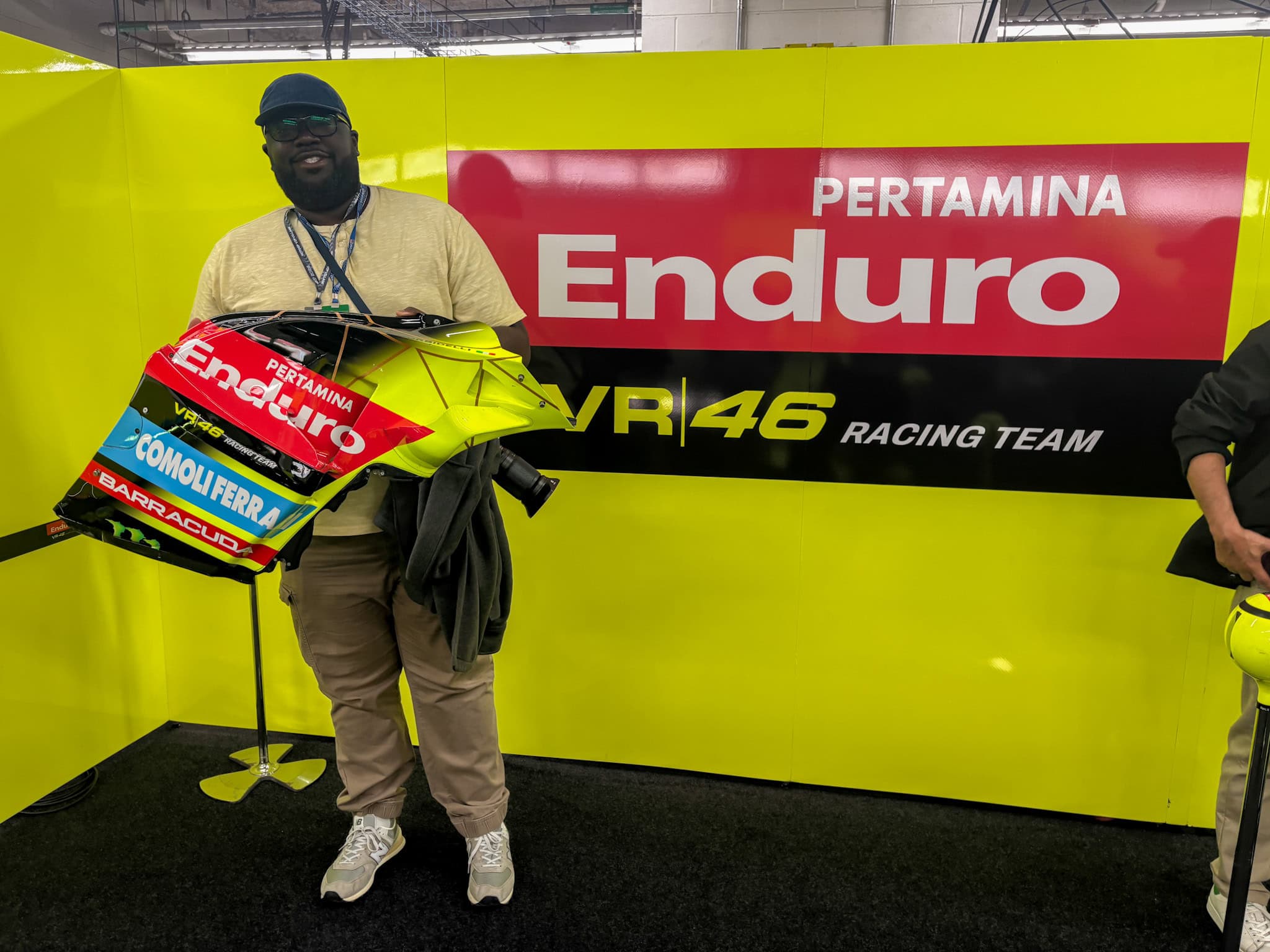 Holding a piece of body work from the Pertamina Enduro VR46 Racing Team